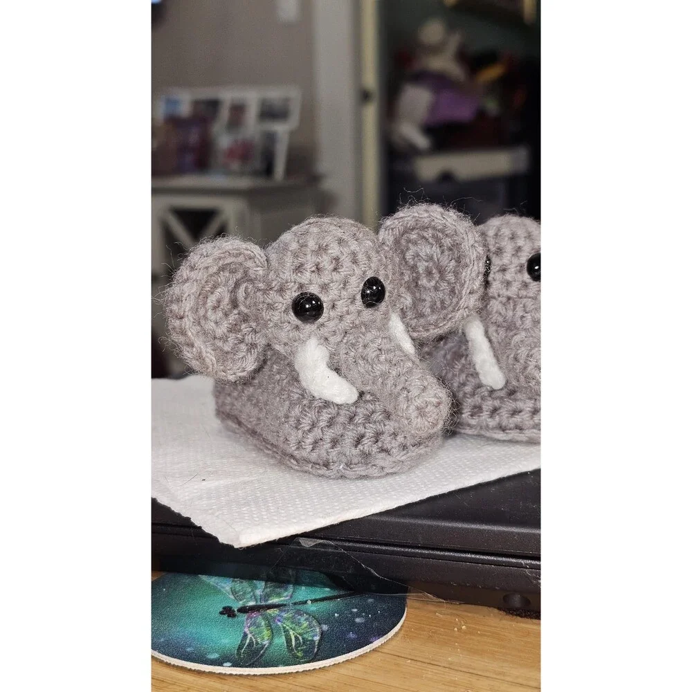 Handmade Crochet Elephant Baby Booties, Felt Lined Newborn Slippers (0-3 Months)